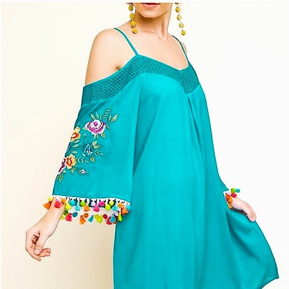 Umgee Boho Beachy Turquoise Floral Embroidery Off Shoulder Coverup Dress - Picture 1 of 14